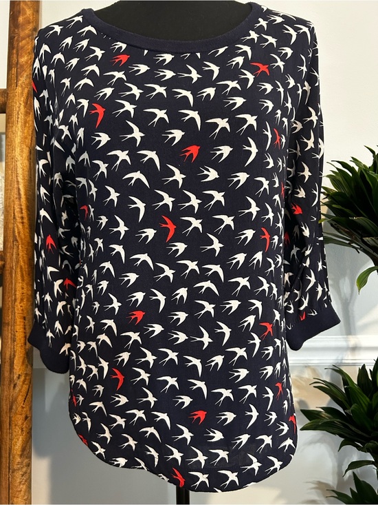 Maeve Tops - Maeve Navy Long-Sleeve Tee with White & Red Bird Motif Size 2